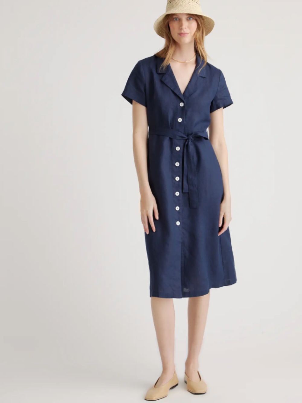 Quince 100% European Linen Button Front Dress Deep Navy - Large